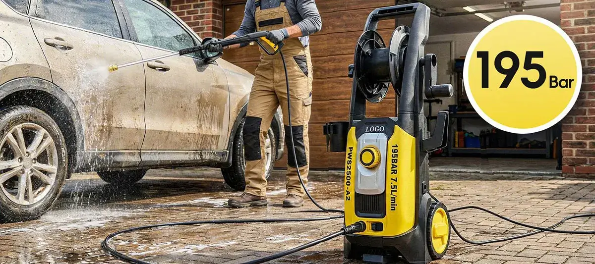 Electric high-pressure washer for cleaning vehicles